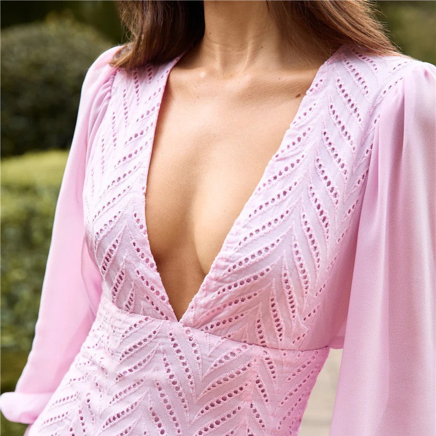 Women Spring/Summer Lantern Sleeve V-Neck Long Sleeve Hollow Sexy Lingerie Dresses 4
