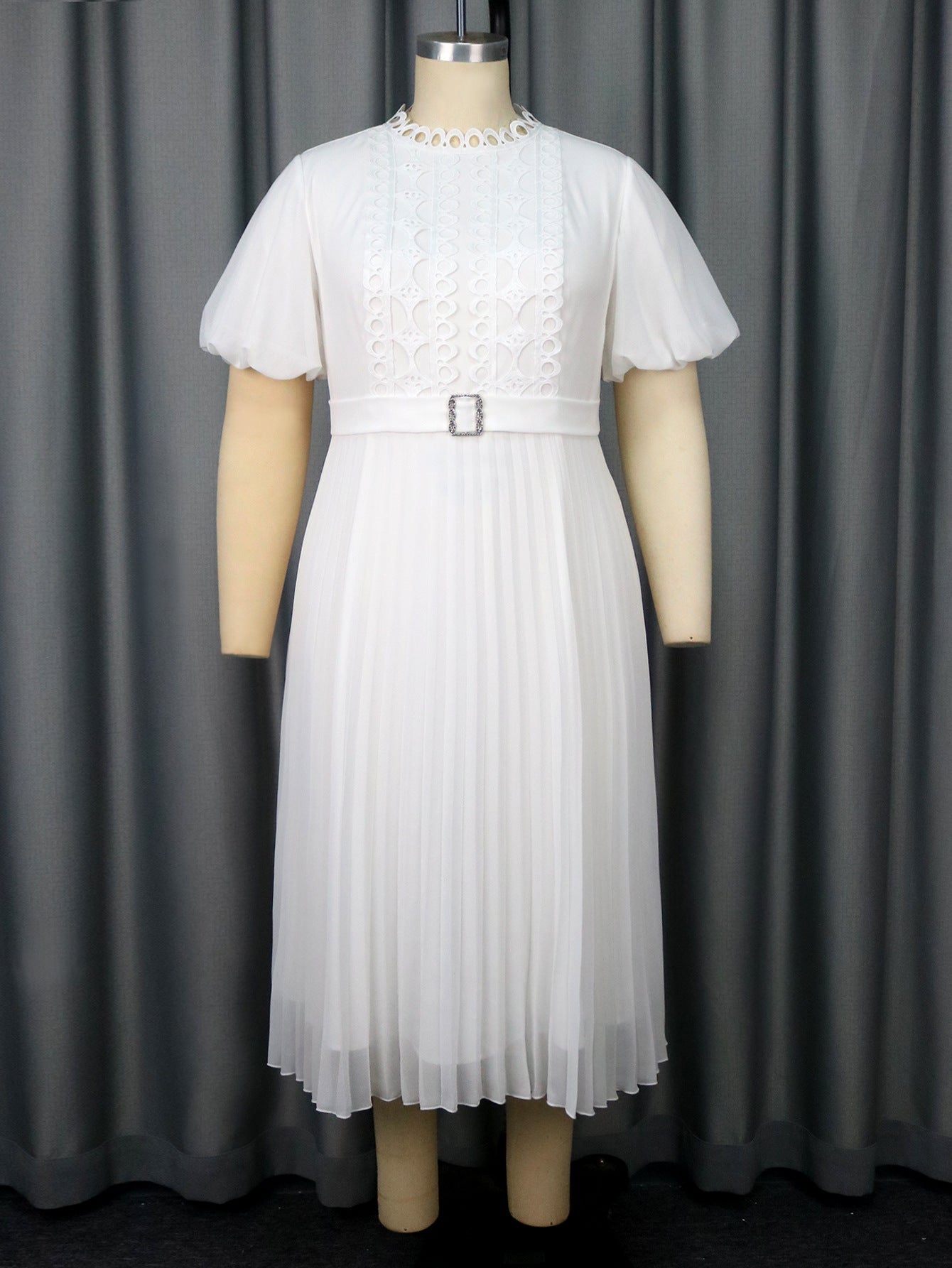 Plus Size Women's Elegant White Lace Cut-Out Dress Puff Sleeve Rhinestone Button Pleated Midi Party Dress 6
