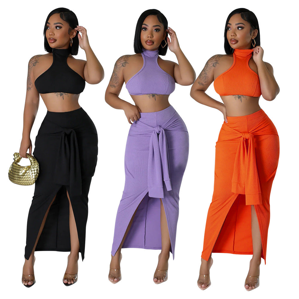 Fashion casual summer solid color sleeveless halter backless two piece skirt set 13