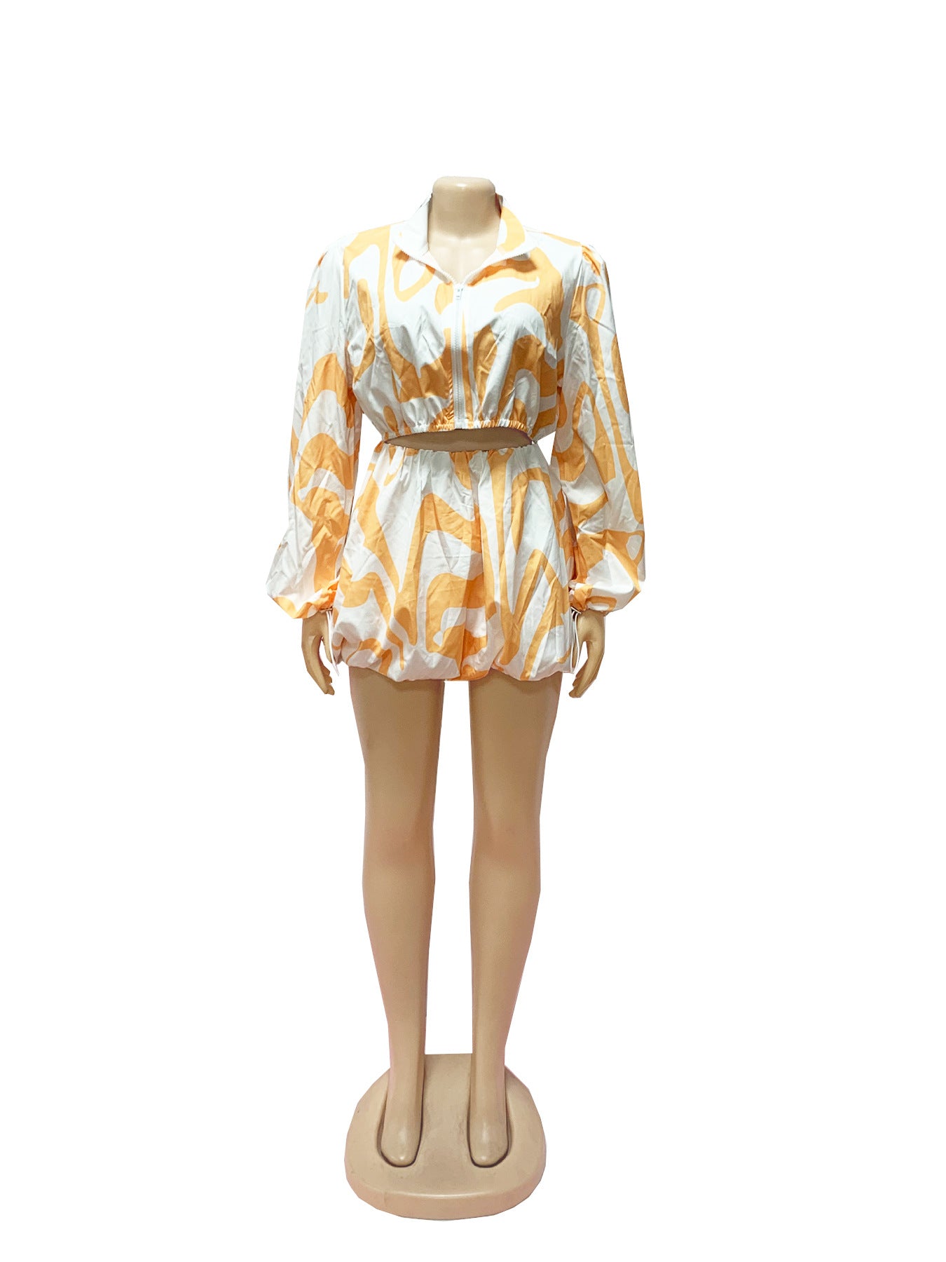 Women zipper cute puff sleeve striped shirt and Skirt two-piece set 14