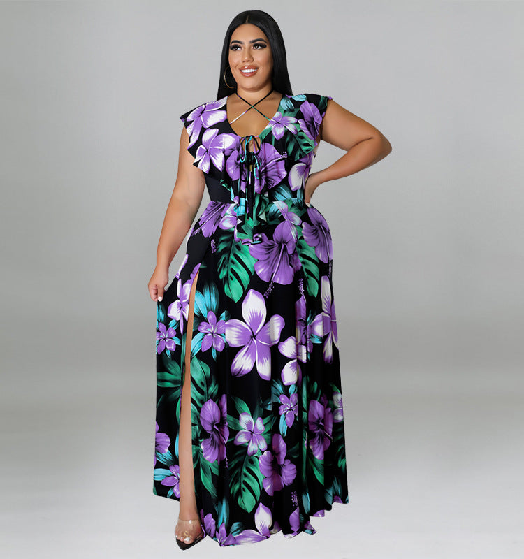 Plus Size Women's Summer Ruffled Collar Floral Print Maxi Dress 4