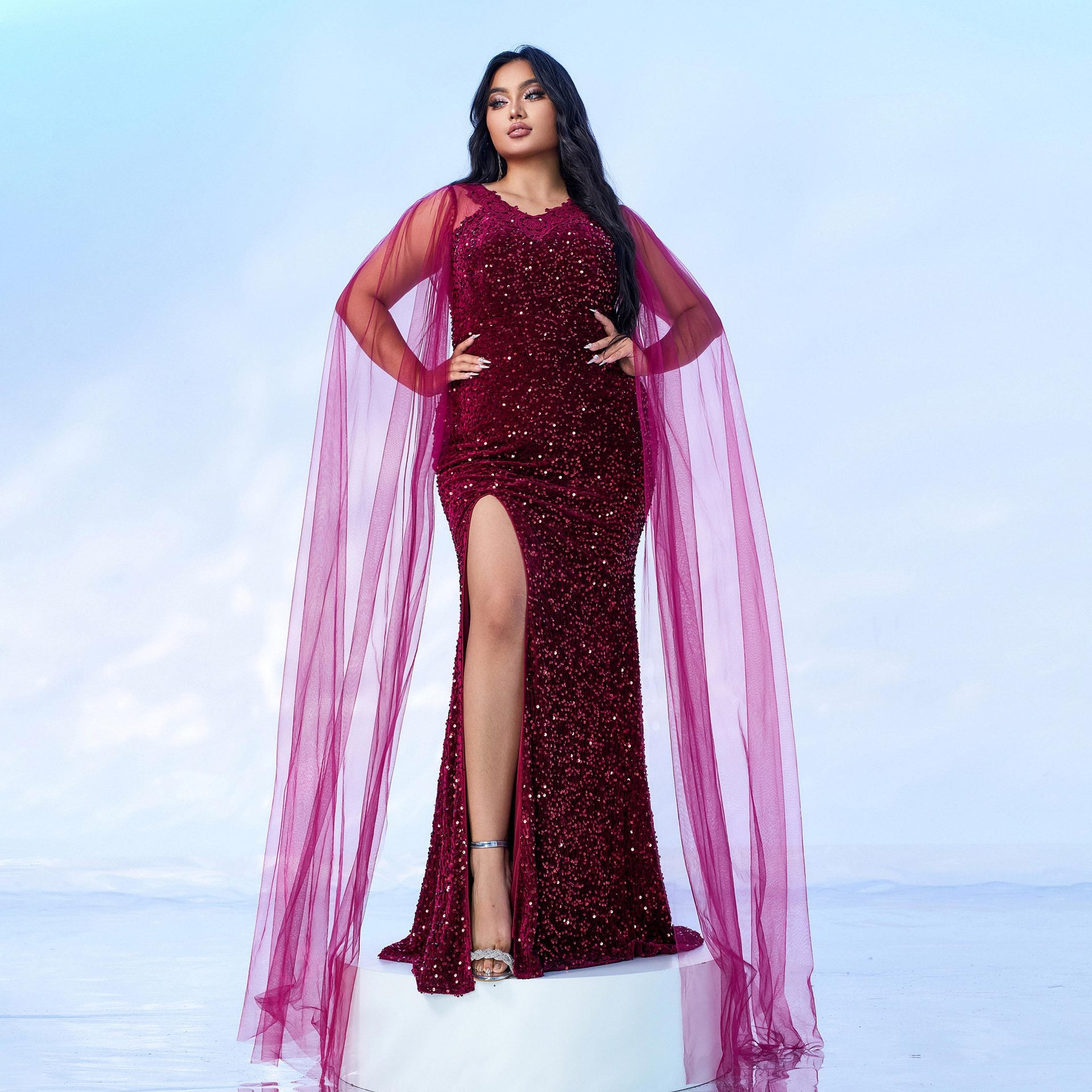 Plus Size Women Long Sleeve V-neck Formal Party Sequined Fishtail Evening Dress Dress 3