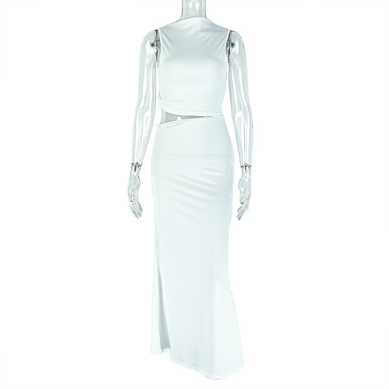 Women Casual Solid Irregular Top and Bodycon Skirt Two-piece Set 10