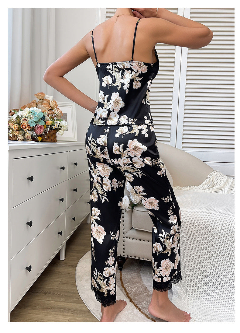 Sexy Leopard Printed Pajama Set Lace Satin Camisole Trousers Homewear 4
