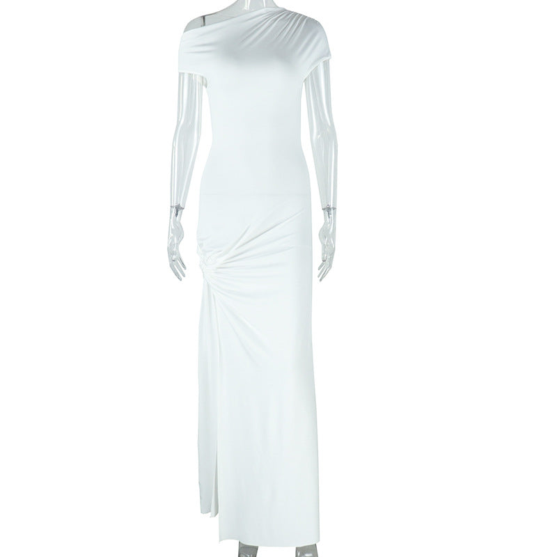 Women Solid Slash Shoulder Short Sleeve Sexy Irregular Slit Dress 10