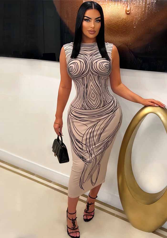 Fashion Women's Low Back Lace Up Tight Fitting Sexy Printed Bodycon Nightclub Dress