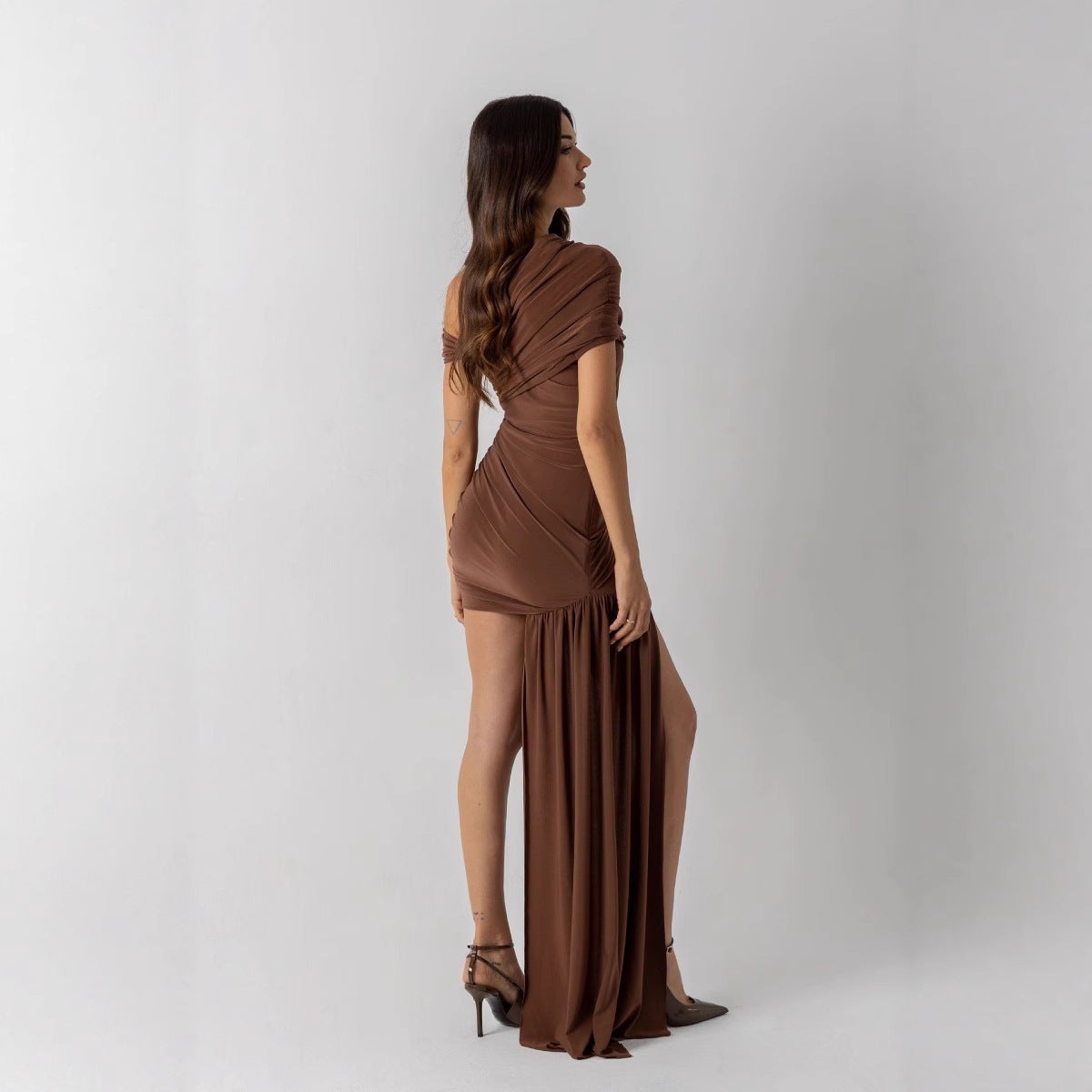 Women Slash Shoulder Off-The-Shoulder Pleated Solid Bodycon Dress 5