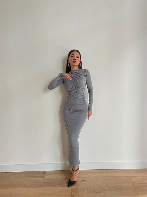 Women Sexy Zipper Long Sleeve Off Shoulder Dress 8