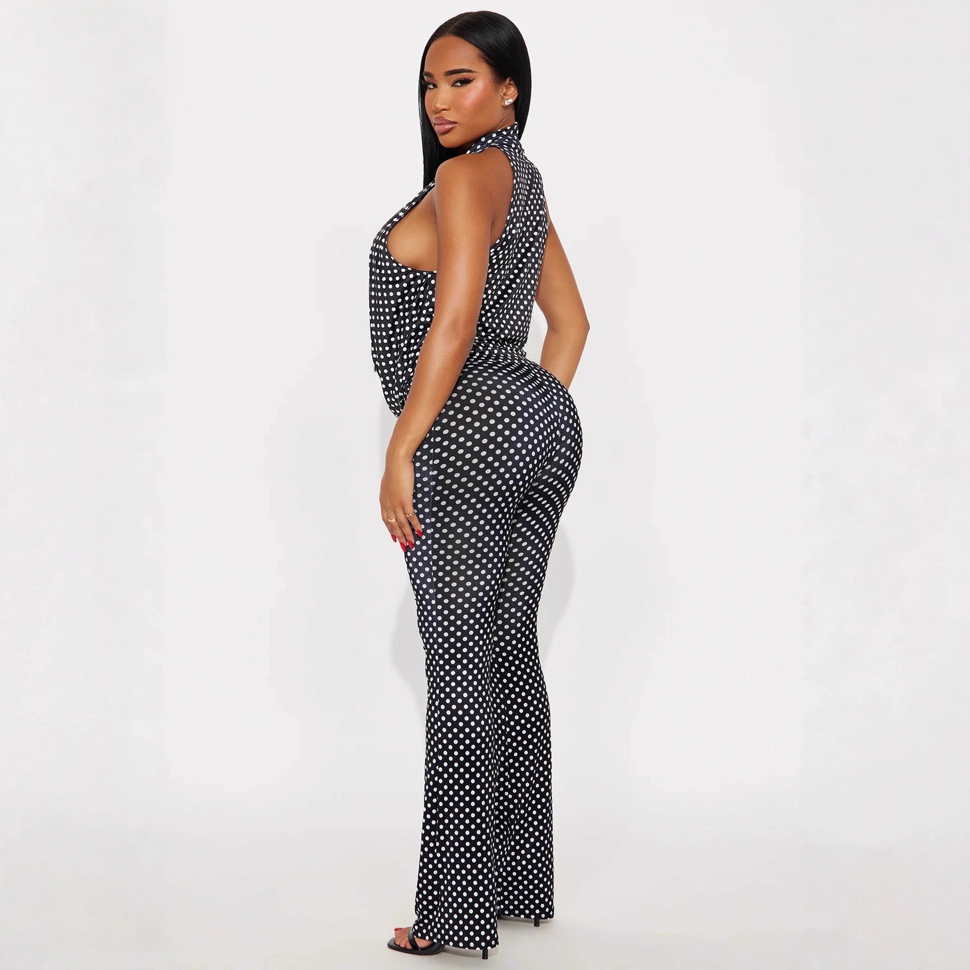 Women's Fashion Spot Print Hollow Out Strappy Top Pants Two-Piece Set 3