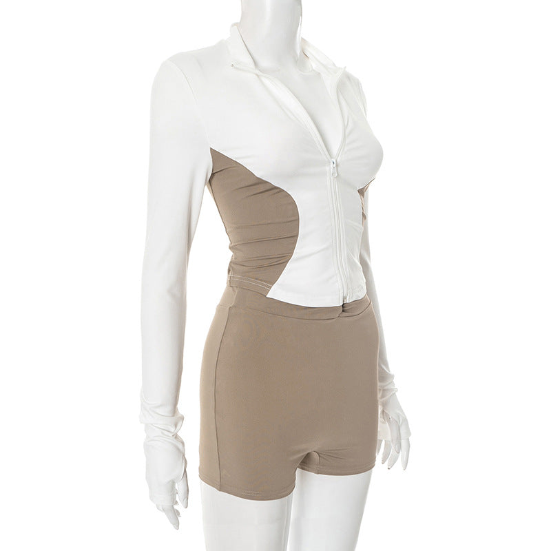 Women Stand Collar Contrast Patchwork Long Sleeve Finger Zipper Top Knot Shorts Two-Piece Set 8