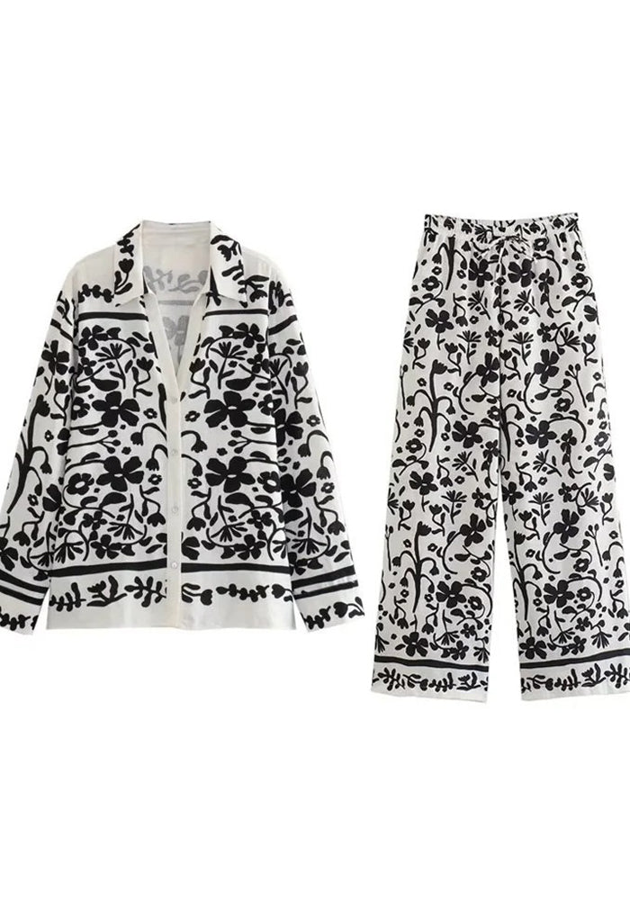 Women Turndown Collar long-sleeved single-breasted printed shirt wide-leg pants Two Piece Set