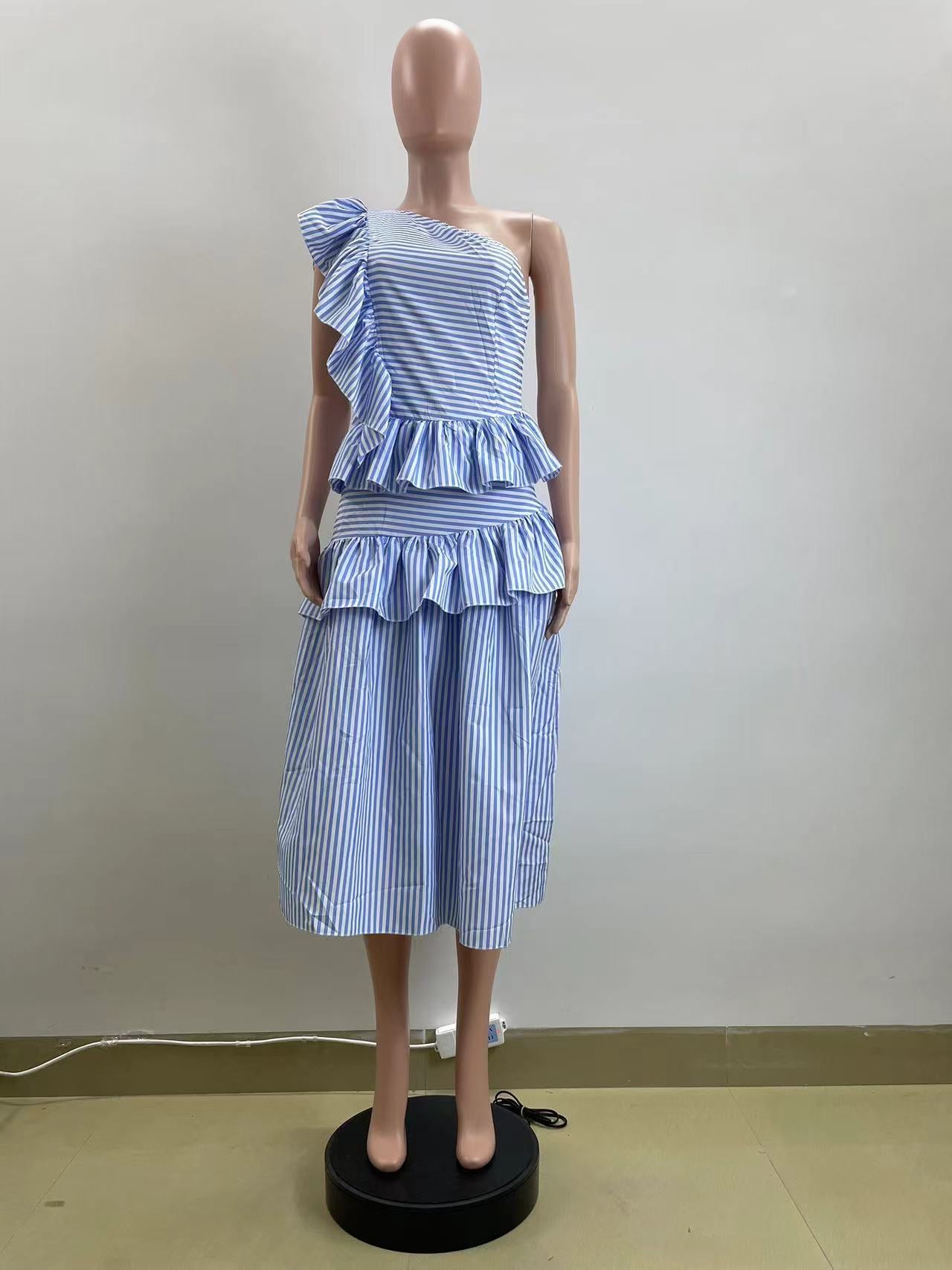 Summer Women's Slash Shoulder Ruffle Striped Sexy Dress 7