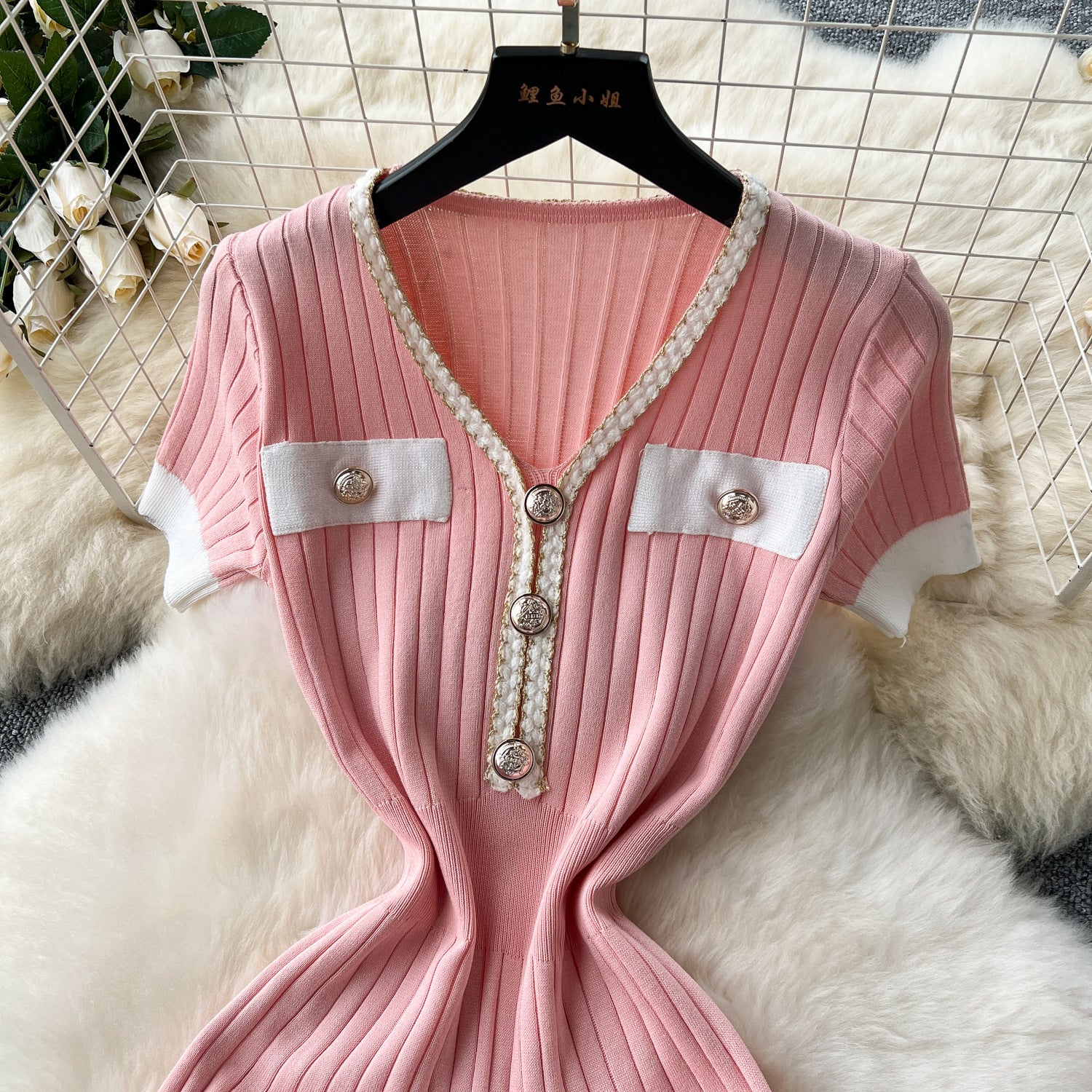 Summer Women's V-Neck Slim Waist Slim Fit Short Sleeve Knit Bodycon Mermaid Mini Dress 13