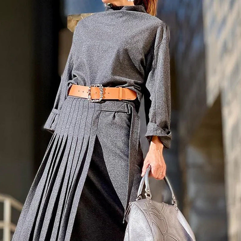 Women Autumn Belt Pleated Dress 5