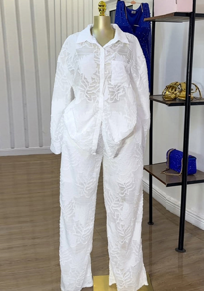 Women Summer Turndown Collar Patch Pocket Long Sleeve Shirt and Straight PantsTwo Piece Set