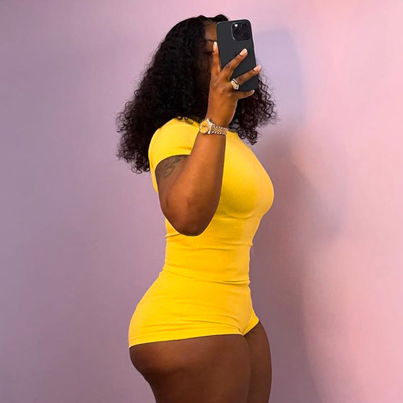 Women's Spring-Summer Solid Color Slim-Fit Round Neck T-Shirt Shorts Set