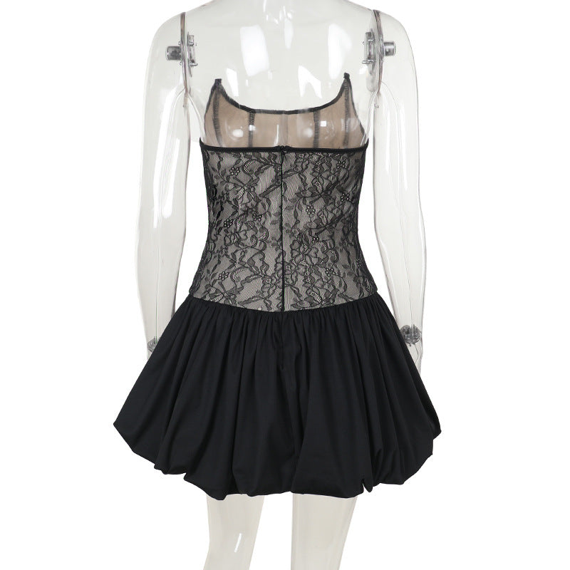 Women Fishbone Slim Waist Lace Strapless Dress 8