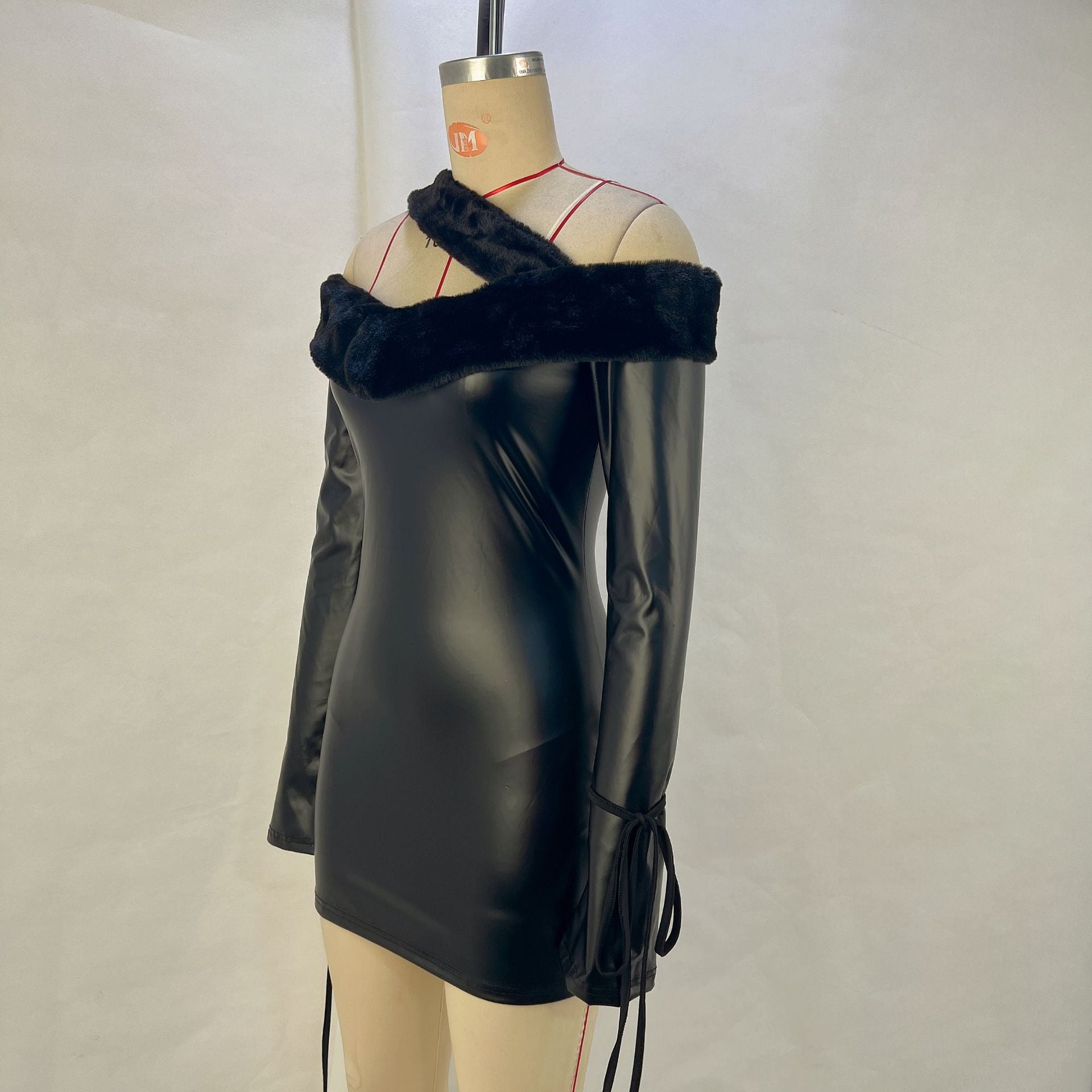 Autumn And Winter Fashionable Women's Clothing Fleece Patchwork Off Shoulder Pu Leather Bodycon Dress 9