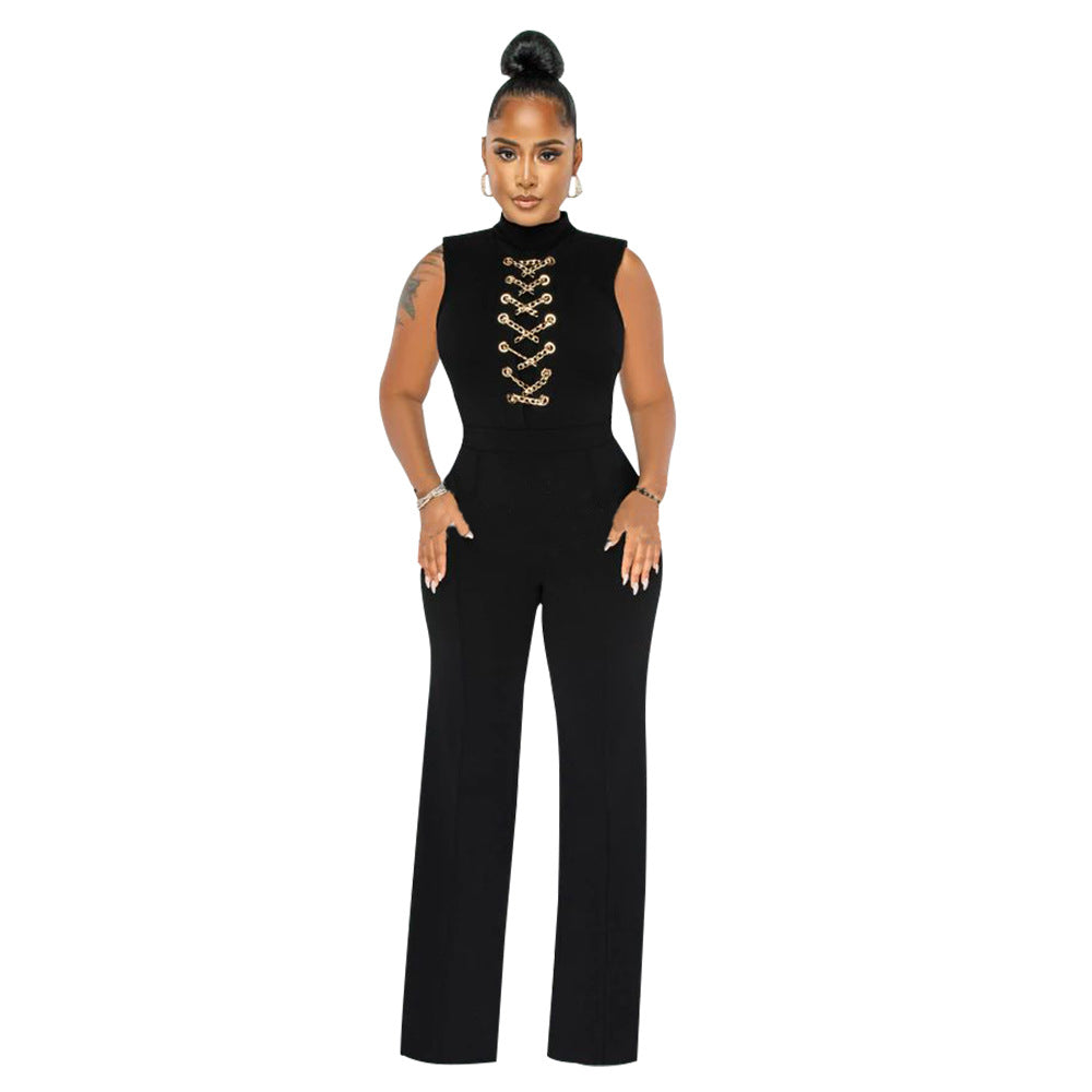 Women's Sexy Solid Color Sleeveless Round Neck Wide-Leg Jumpsuit 6