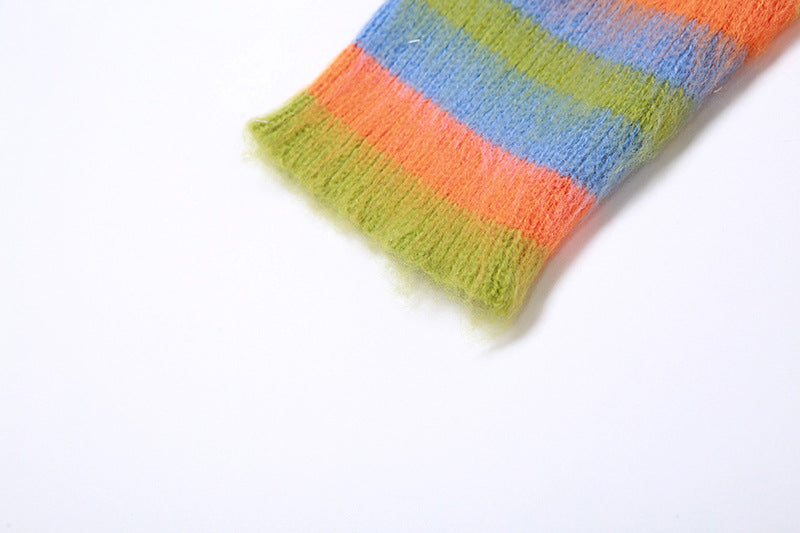 Autumn Women sexy knitting striped contrast top and slit skirt two-piece set 16