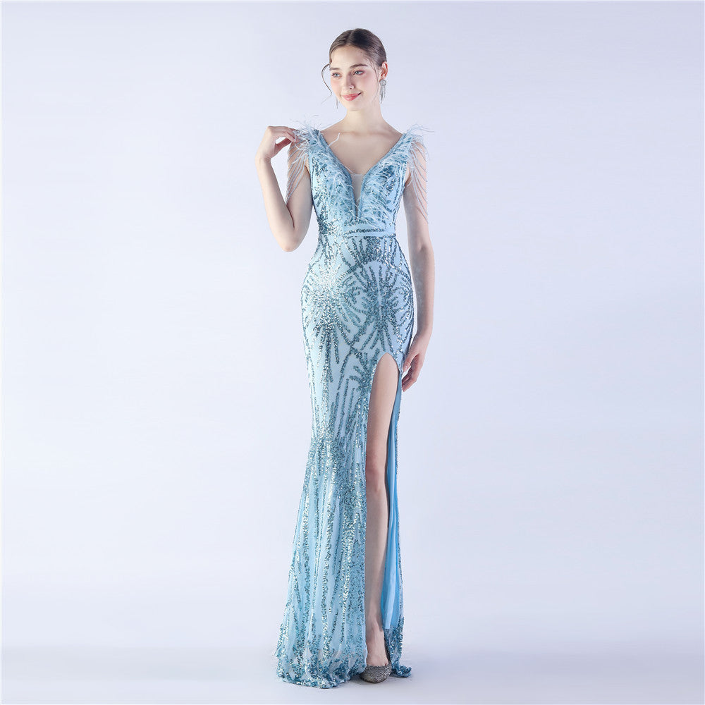 Elegant Feather And Beaded Long Sequined Evening Dress 7