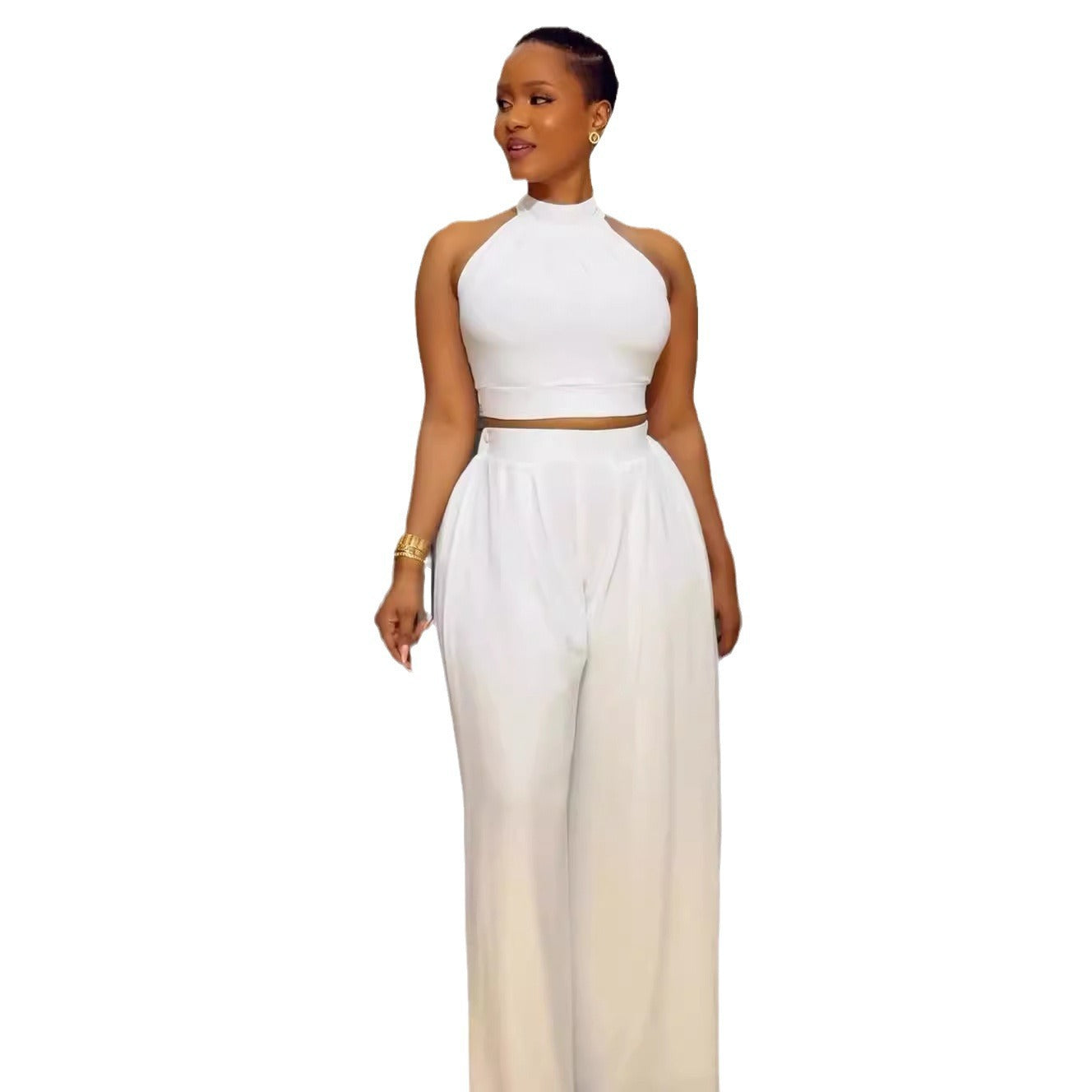 Women Sexy Pleated Sleeveless Top Wide Leg Pants Two-piece Set 9