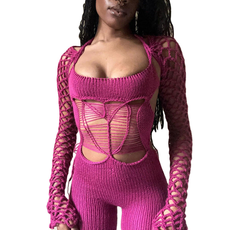 Spring Fashion Style Street Sexy Hollow See-Through High Waist Tight Fitting Low Back Jumpsuit