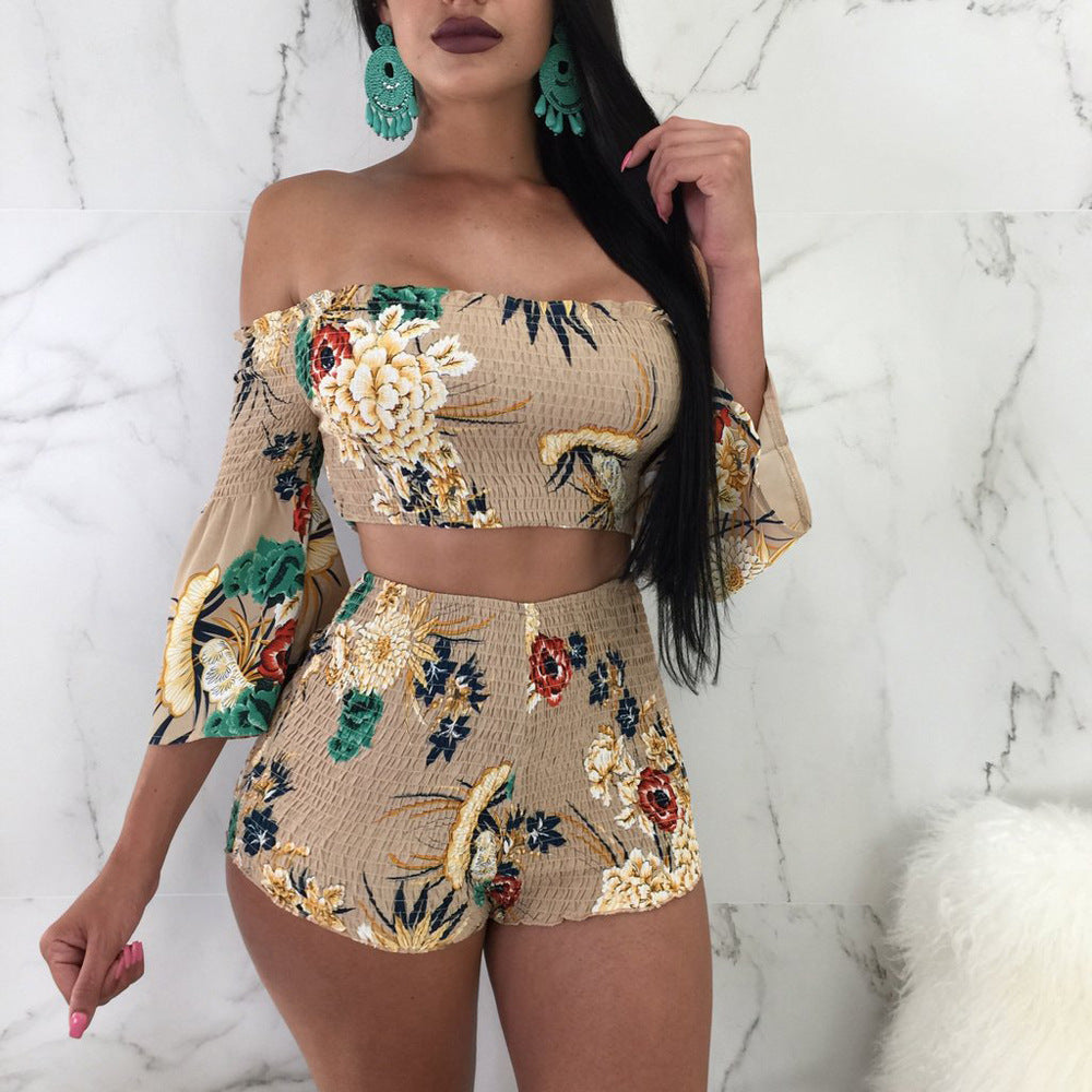 Women's Fashion Print Off Shoulder Bell Bottom Sleeve Two-Piece Set 4