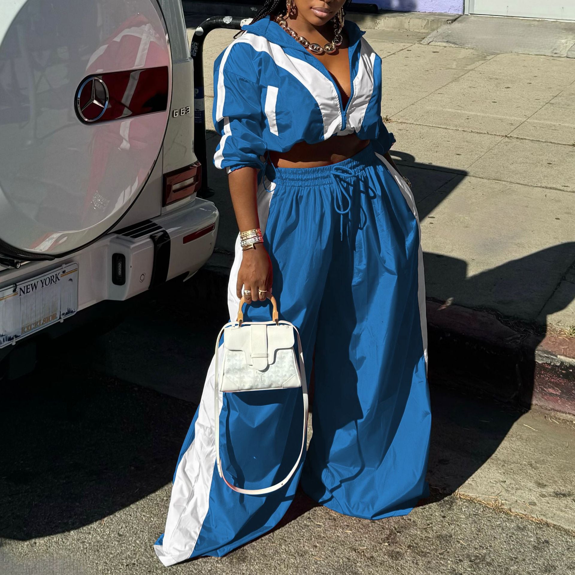 Women Sports Woven Colorblock Top and Pant Two Piece Set 5