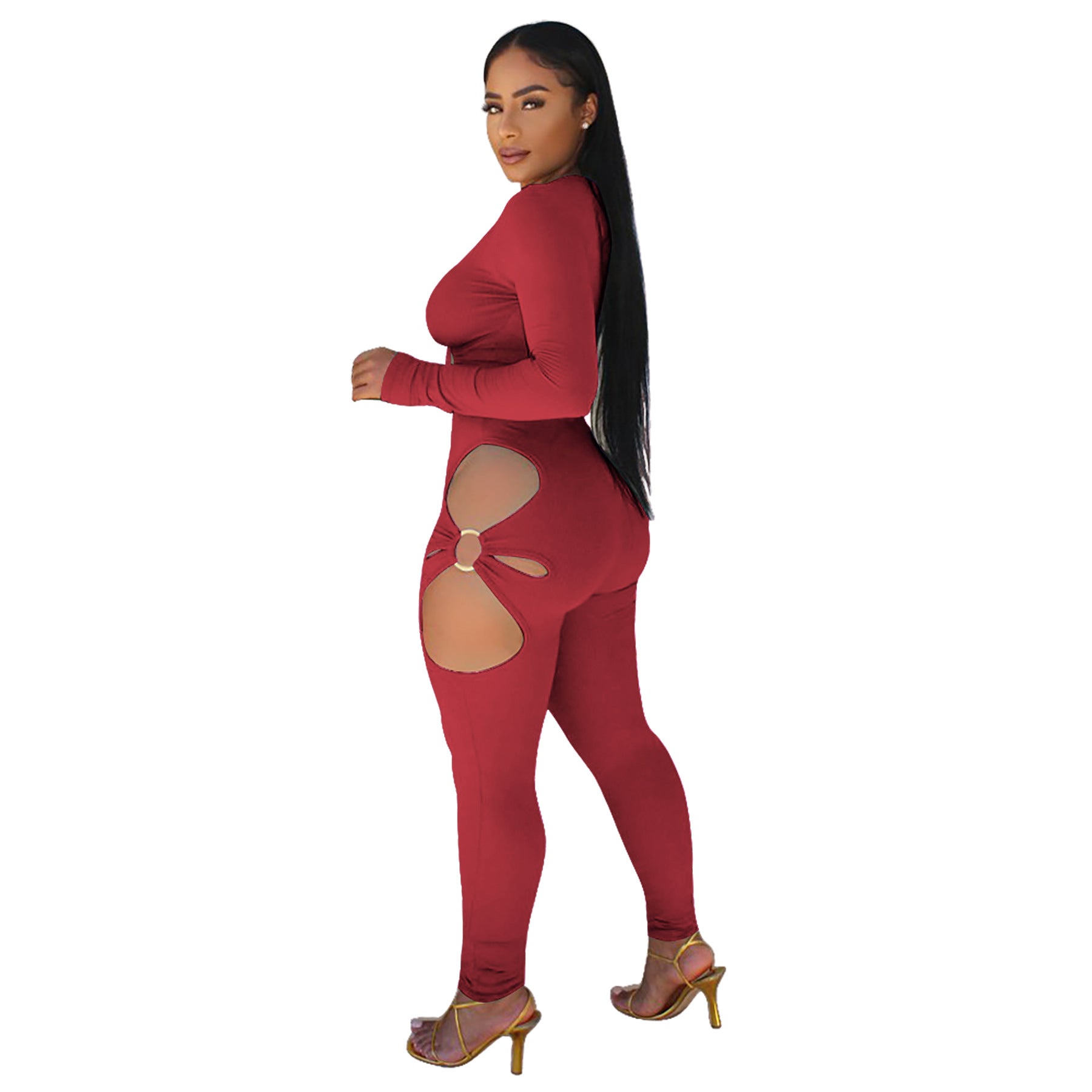 Fashionable Women's Solid Color High-Stretch Ribbed Sexy V-Neck Two-Piece Pants Set 39