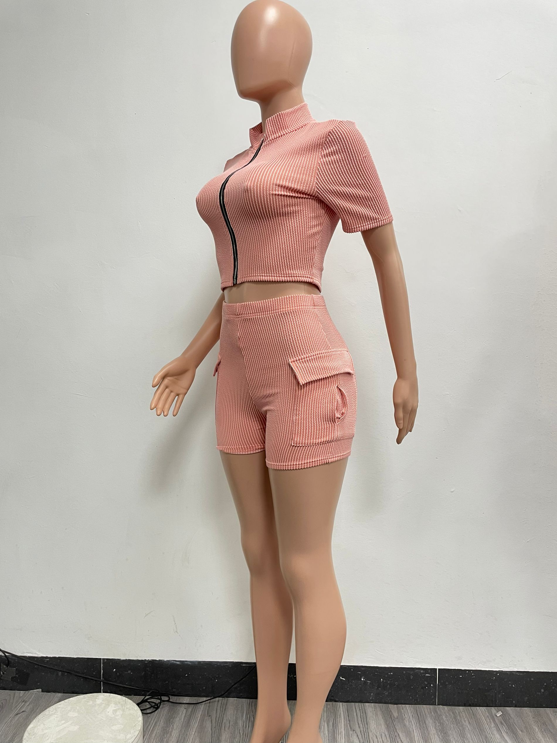 Female Fashion Two-Way Zipper Casual Solid Color Short Sleeve Two Piece Shorts Set 11