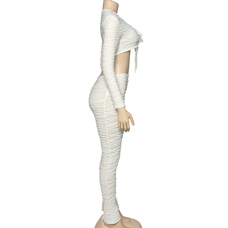 Women Autumn Solid Lace-up Wavy Stripe Crop Top and Pants Two-piece Set 9