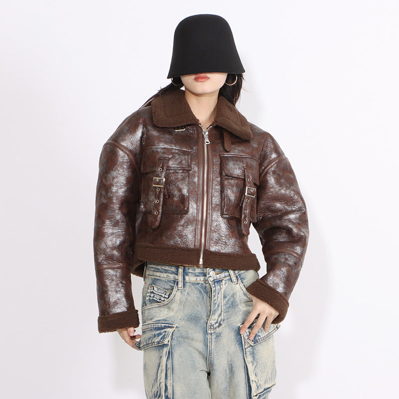 Autumn and winter fashion Chic fur pocket decoration Turndown Collar short jacket 4