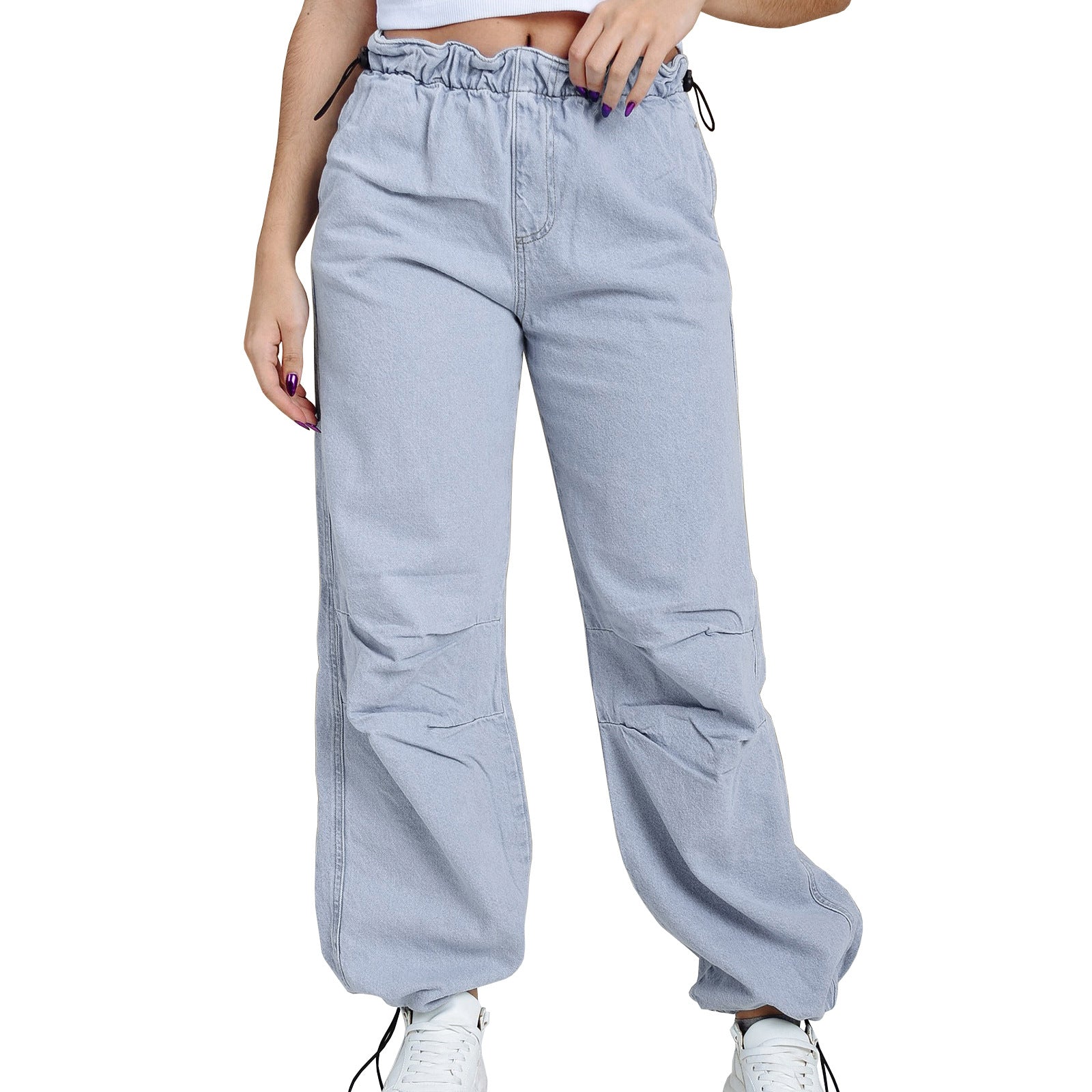 Women Snap Buckle Loose-Cut Denim Pants 8