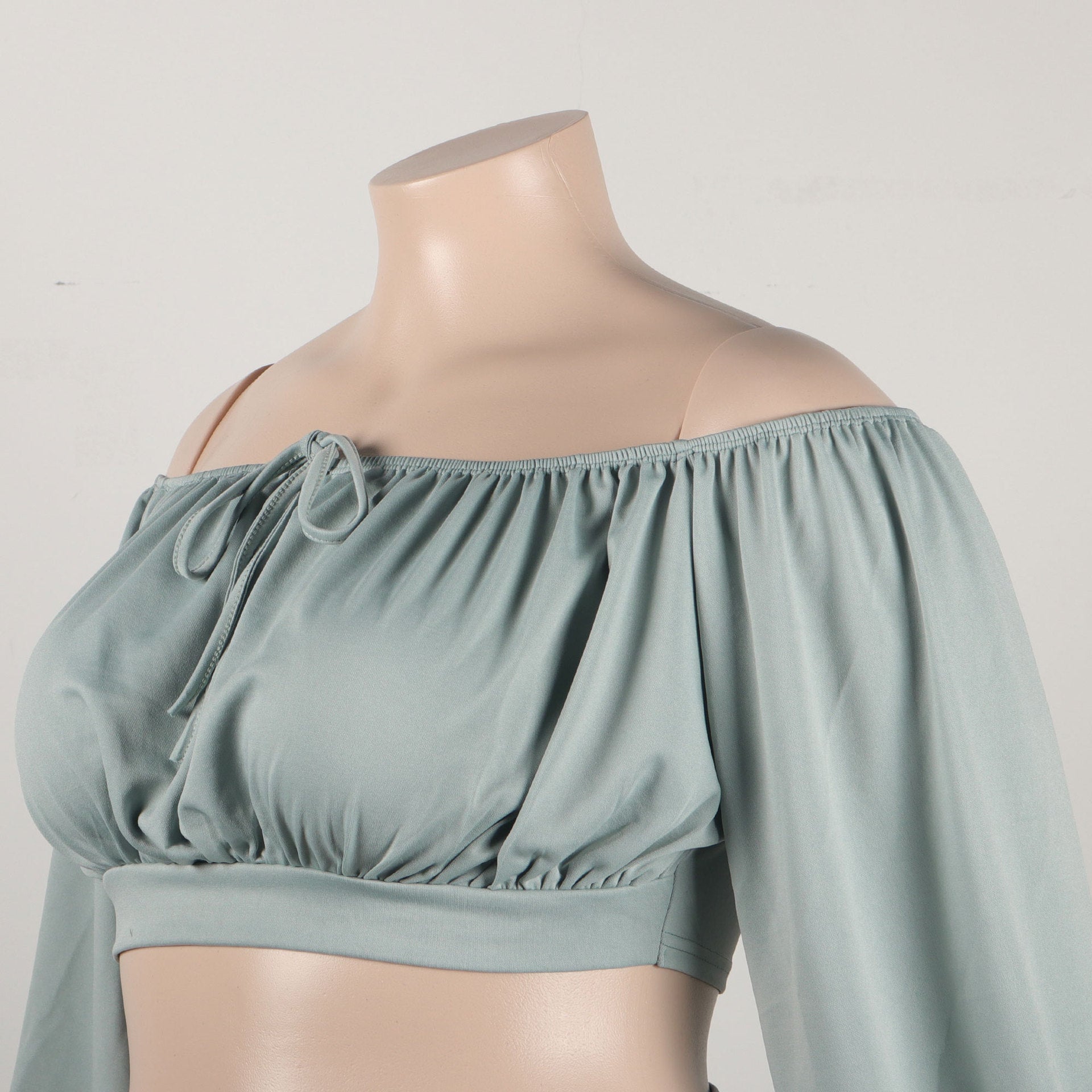 Plus Size Women Sexy Off Shoulder Balloon Sleeve Top and Skirt Two-Piece Set 18