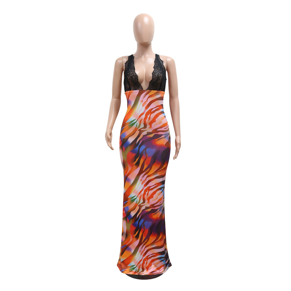 Women's fashion sexy lace patchwork halter v-neck Low Back print slim long dress 7