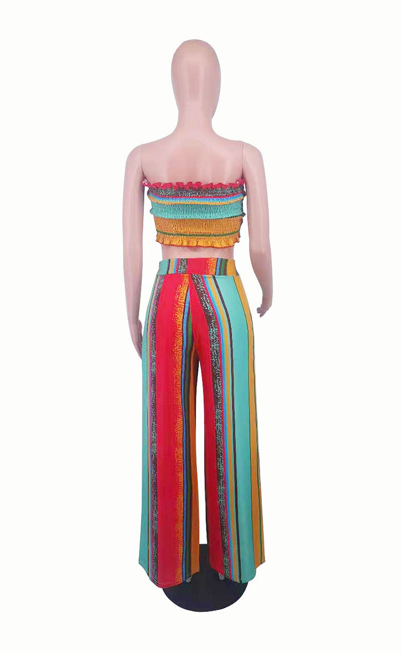 Women Summer Colorful Striped Two-Piece Top and Pant Set 8