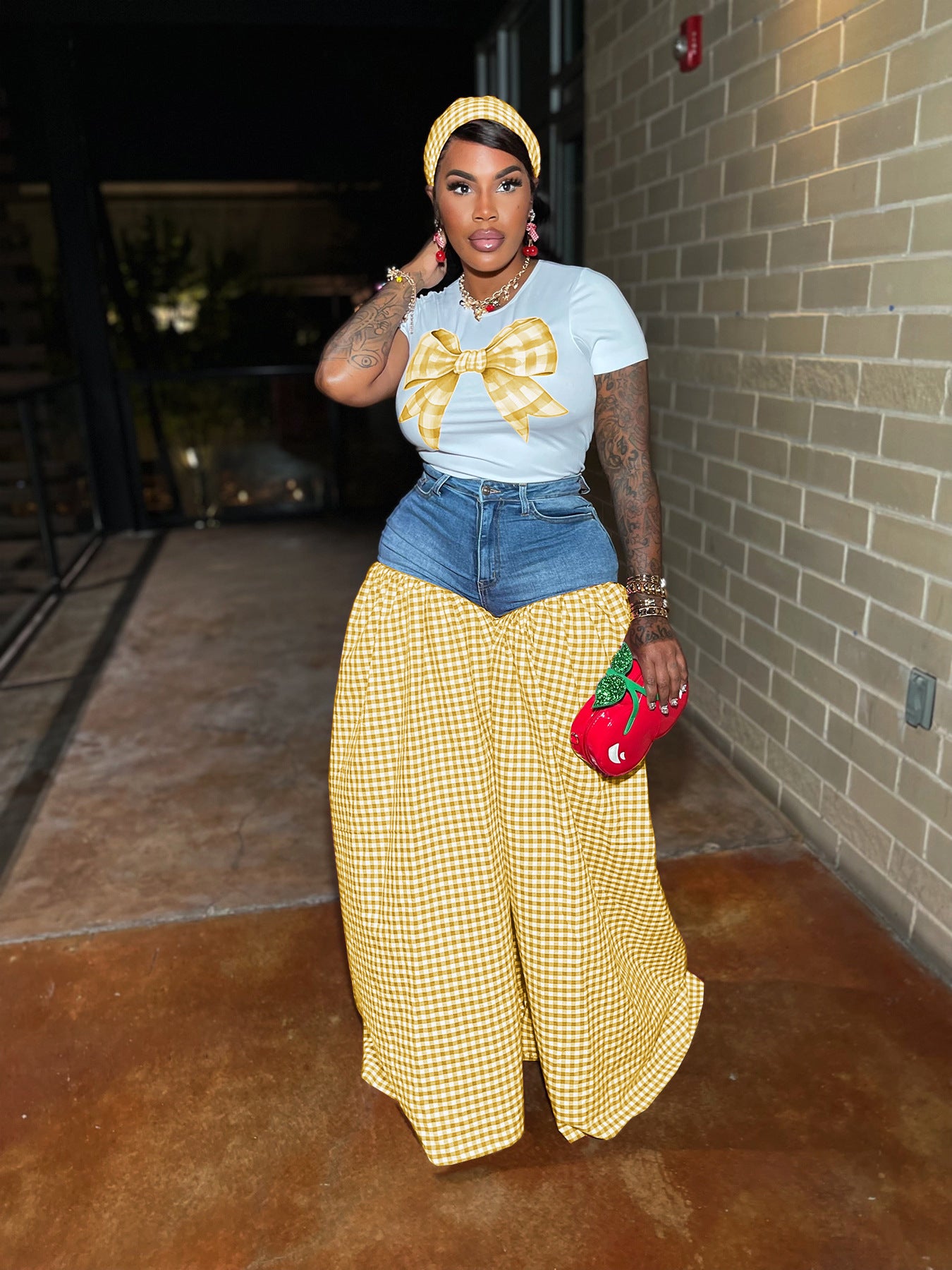 Women Patchwork Plaid Print T-shirt Casual Wide Leg Pants Two-piece Set 4