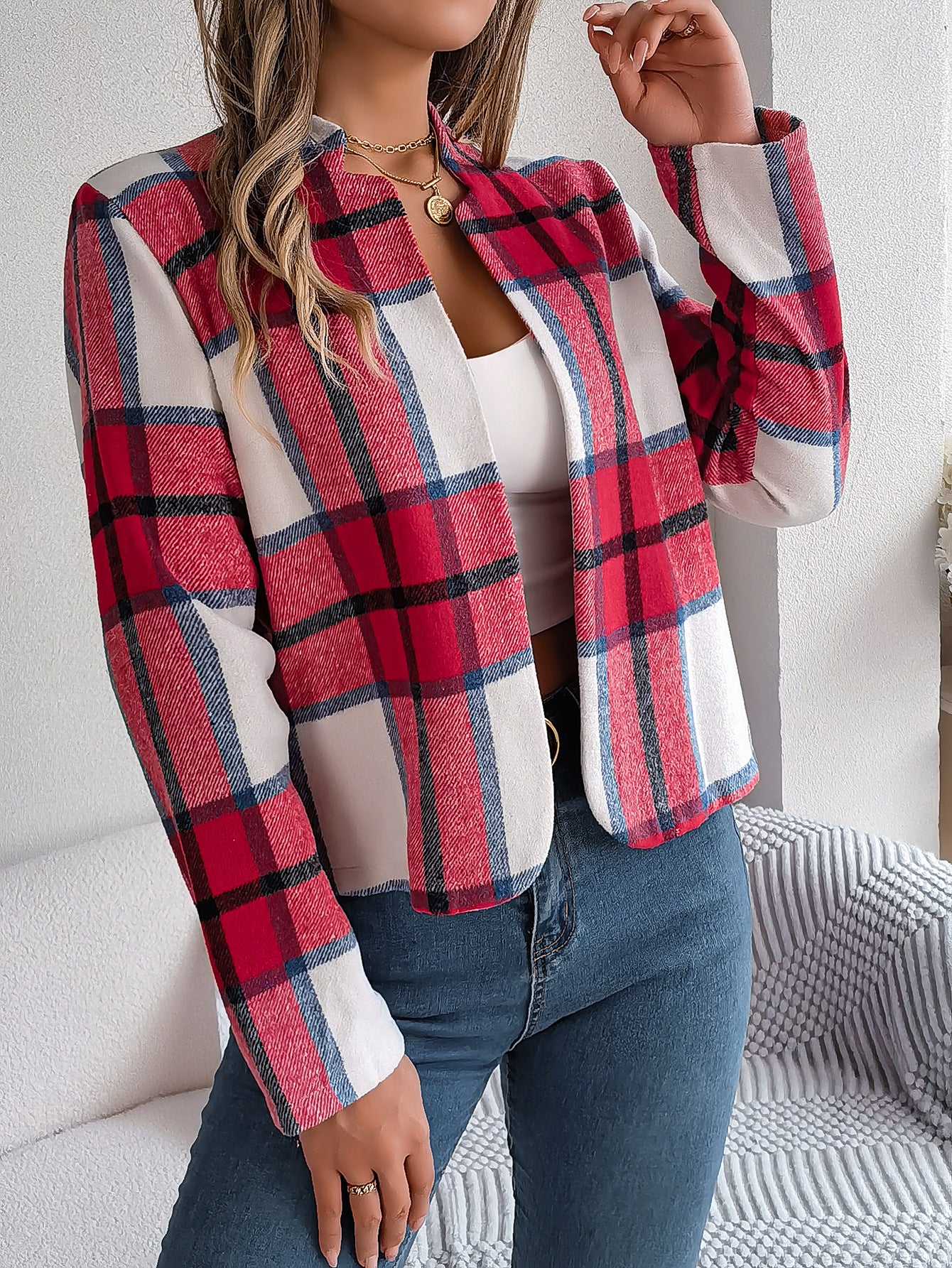 Autumn Winter Casual Plaid Long Sleeve Women Tweed Coat 14