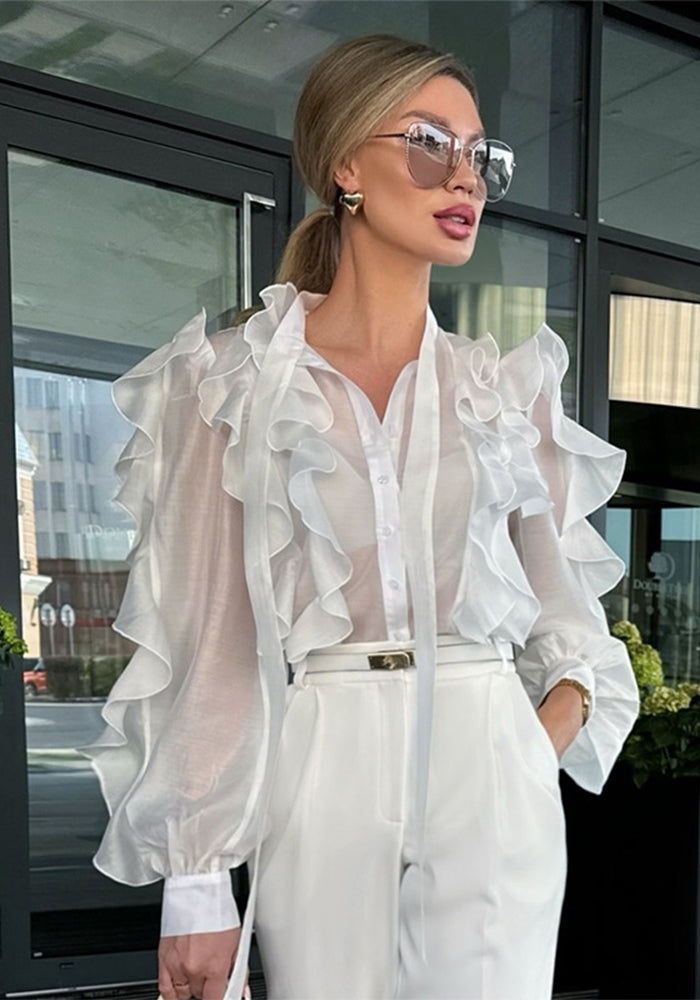 Women Fall Elegant Stand Collar Lantern Sleeve Long-sleeved Shirt Top