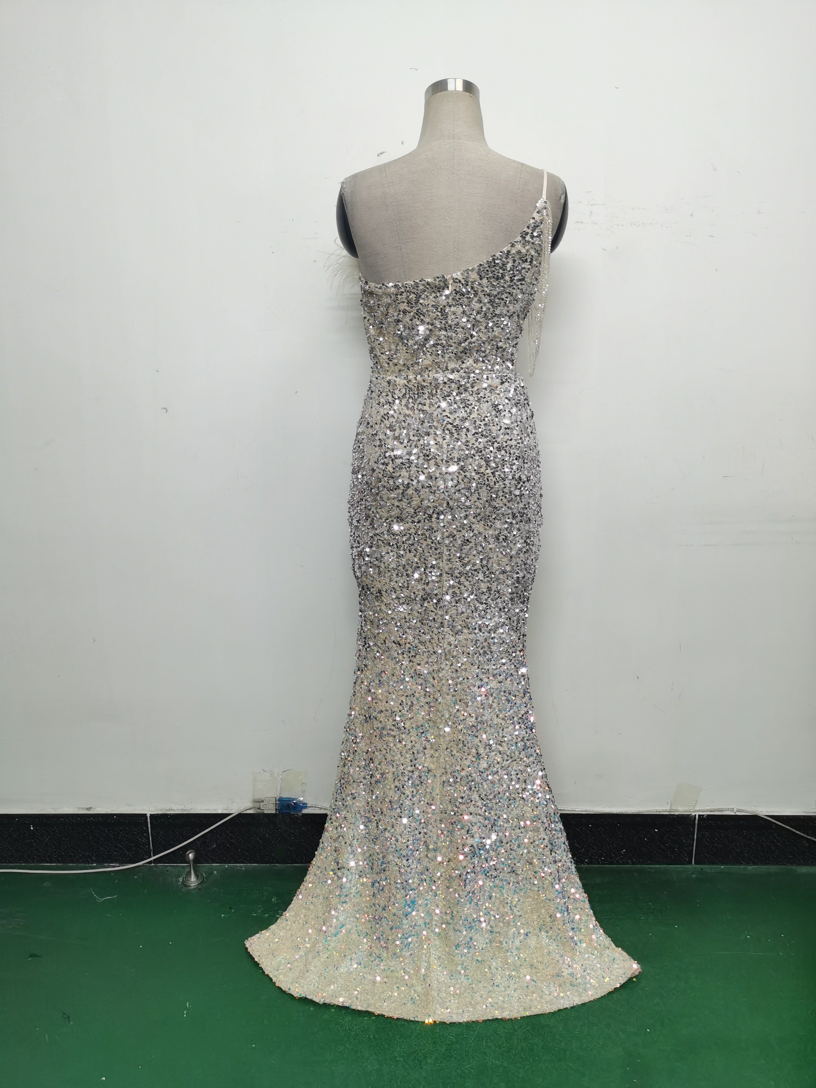 Women Ostrich Feather Beaded Sequin One Shoulder Slash Shoulder Slit Evening Dress 34