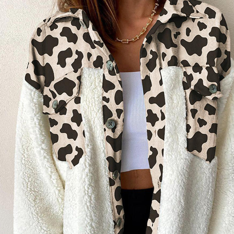 Women Turndown Collar Leopard Plaid Print Furry Patchwork Contrast Warm Long Sleeve Shirt 41