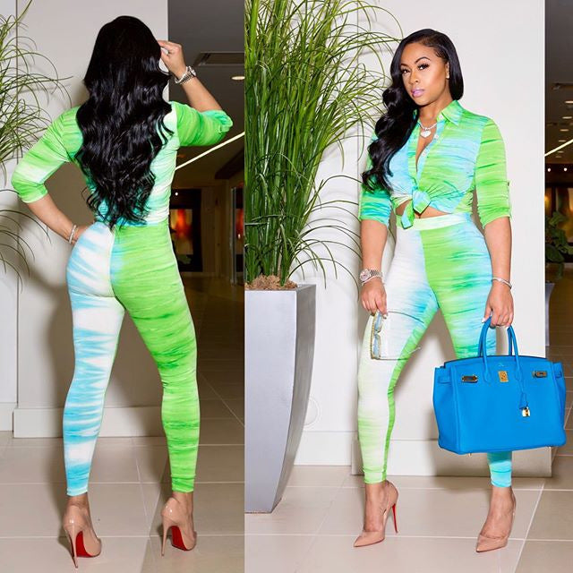 Women printed Turndown Collar shirt and Pants Two-piece Set 15