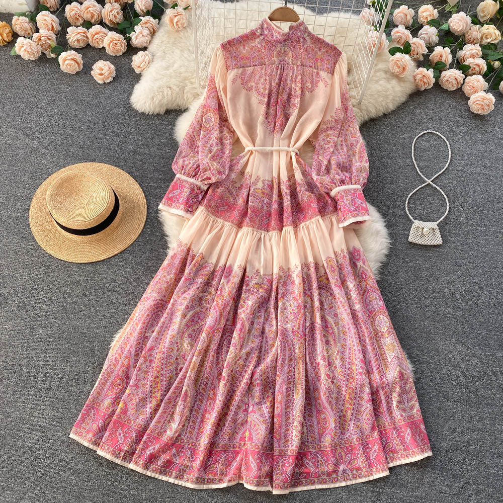 Women Stand Collar Balloon Sleeve Printed Dress 22