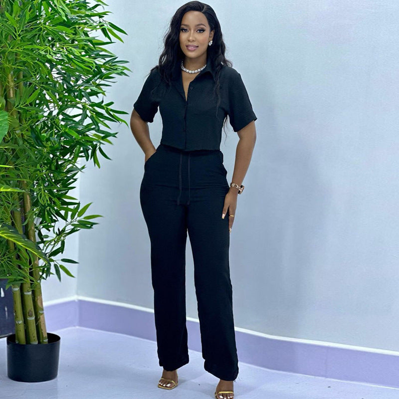 Plus Size Casual African Women Summer Solid Short Sleeve Top and Pant Two-piece Set 5