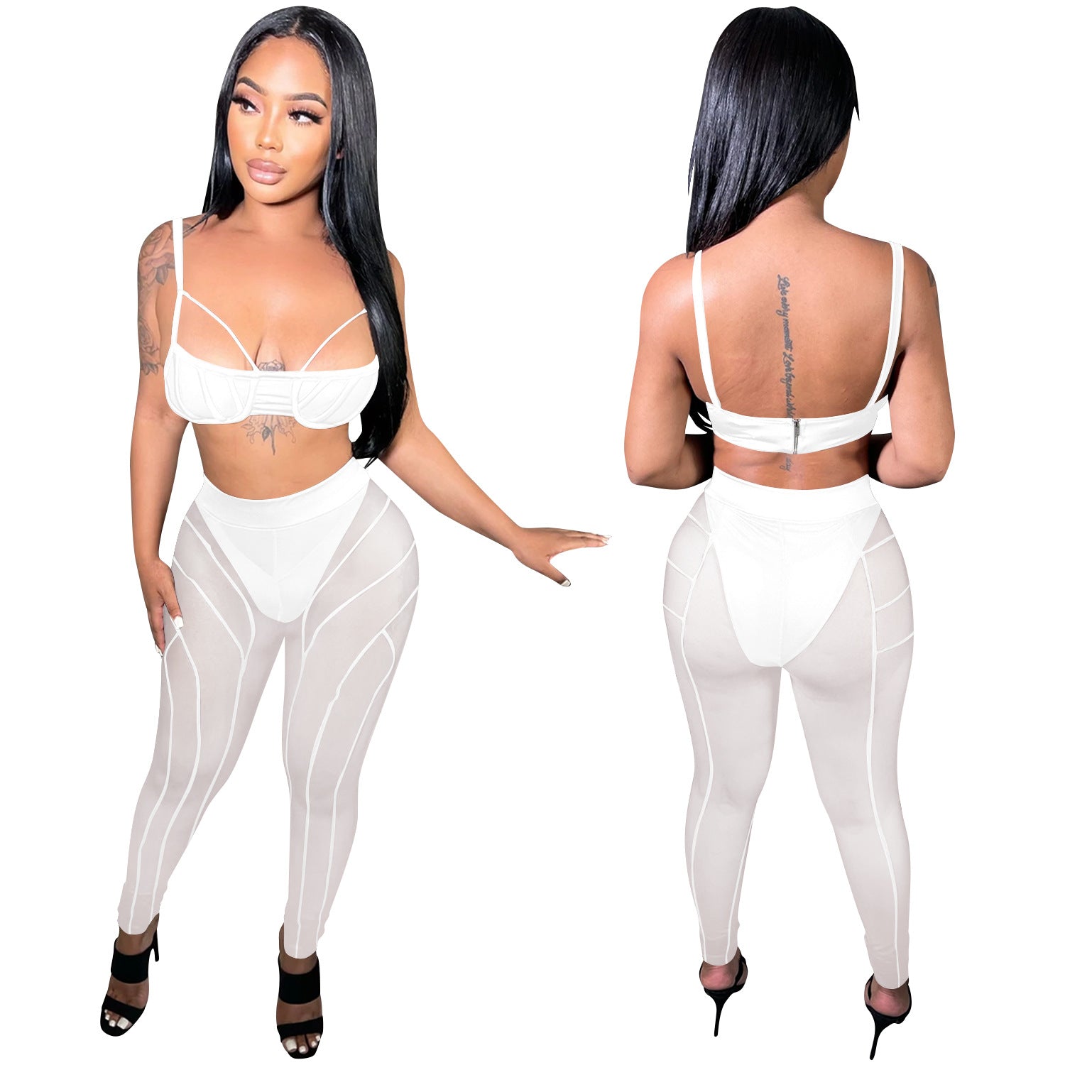 Women sexy bra strap zipper mesh See-Through trousers two-piece set 18