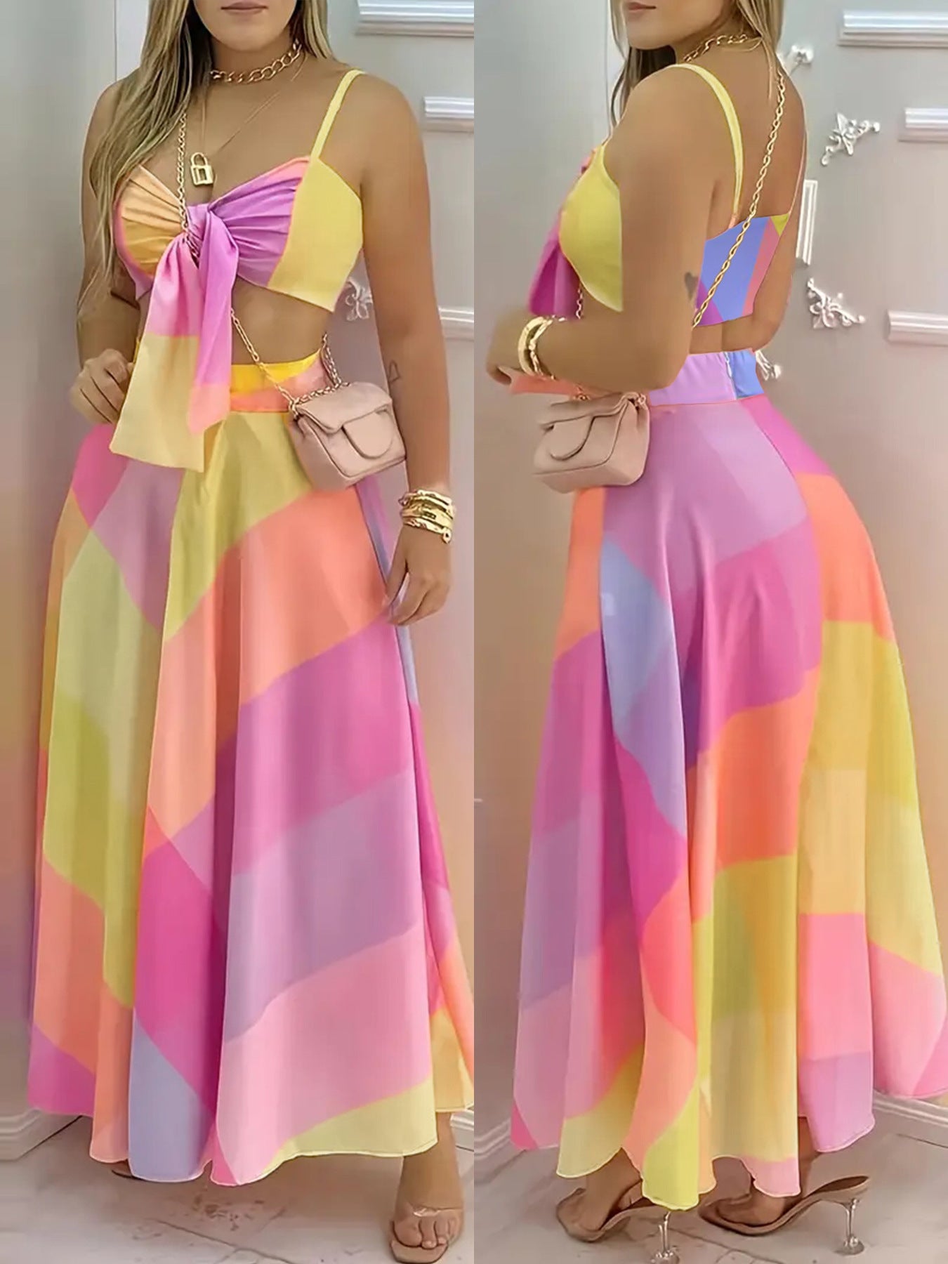 Sexy strap lace-up geometric print zippered skirt and crop top beach set 3