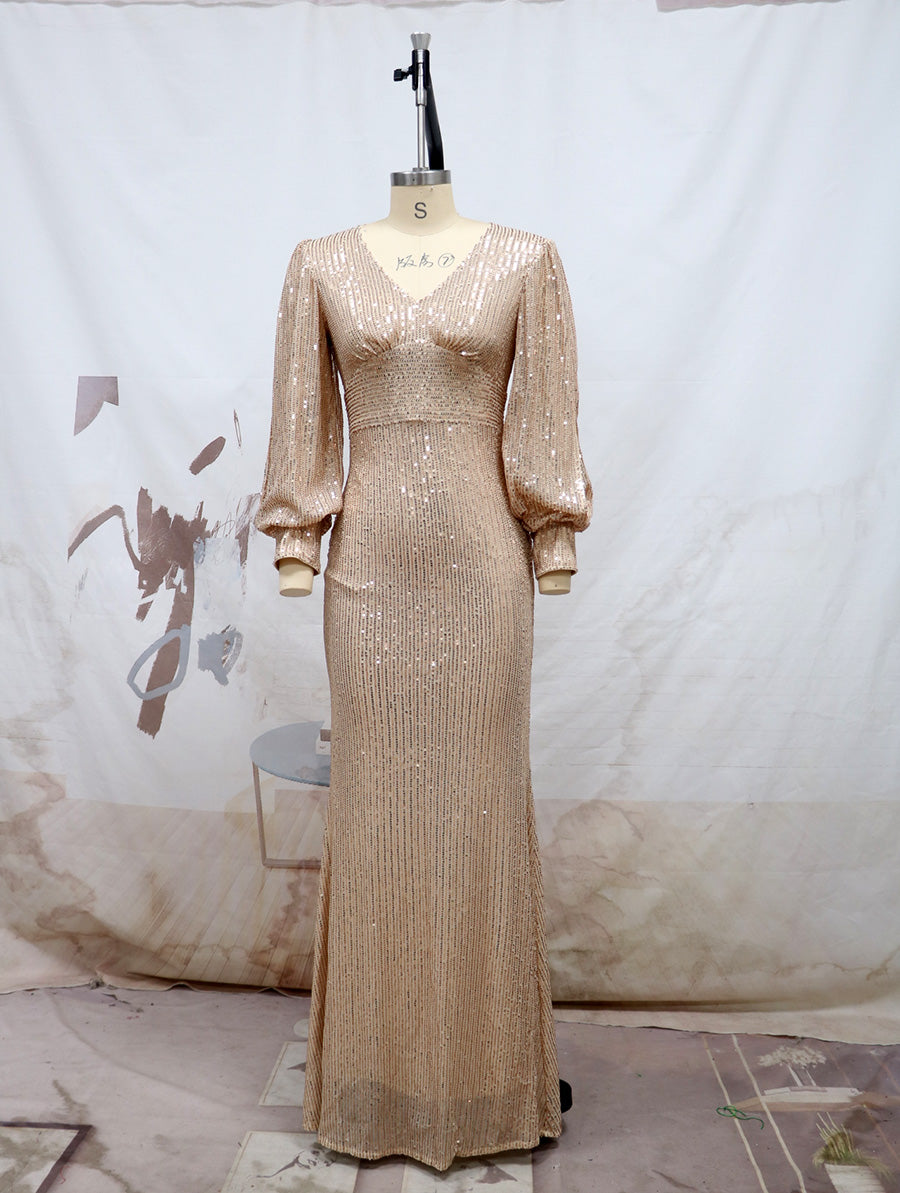 Women Sequin Cut Out Long Sleeve Maxi Evening Dress 9