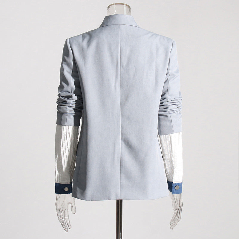 Women Autumn and Winter Fake Two Piece Patchwork Denim Blazer 6