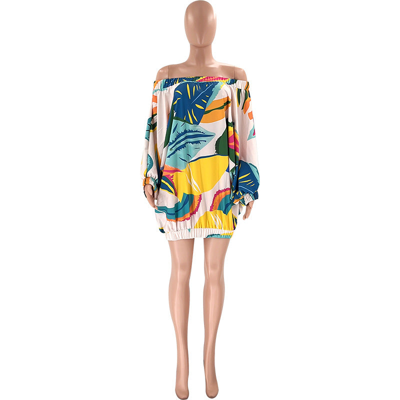 plus size off shoulder printed bat long sleeve loose dress 18
